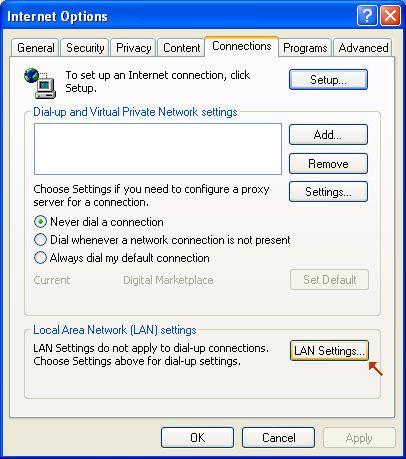 Microsoft Internet Explorer Tools Internet Options Connections LAN Settings